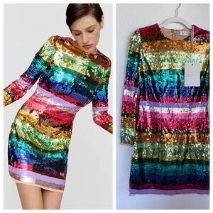 NWT Mac Duggal Women's Rainbow Striped Sequined Long Sleeve Mini Dress Size 4